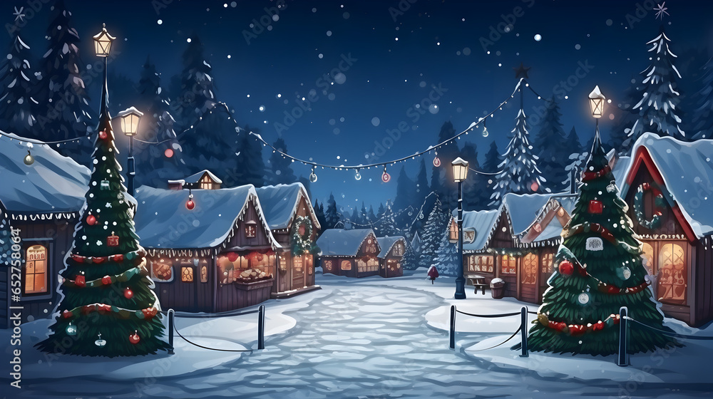 strange night Christmas street background with Christmas spruce trees, snow and fair stalls - obrazy, fototapety, plakaty 