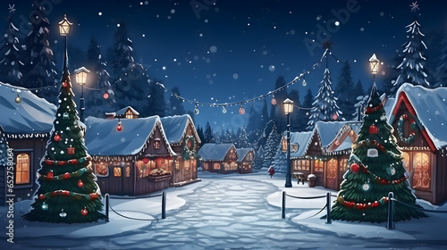 strange night Christmas street background with Christmas spruce trees, snow and fair stalls