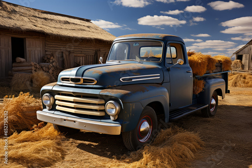  Vintage pickup truck loaded with hay bales on a farm, Generative AI photo