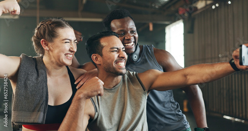Selfie  motivation and fitness with friends at gym for social media  workout and health. Support  profile picture and wellness with people and training for teamwork  photography and exercise together