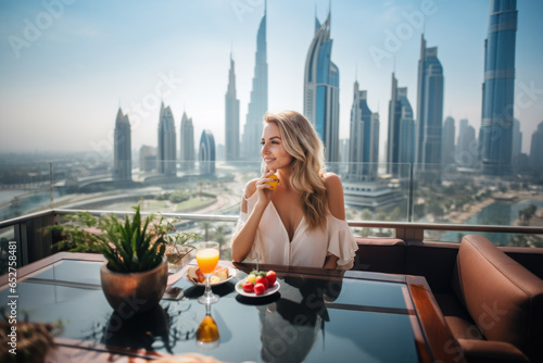 Beautiful young woman having breakfast on a terrasse of a luxury hotel, overlooking the skyscrapers in Dubai