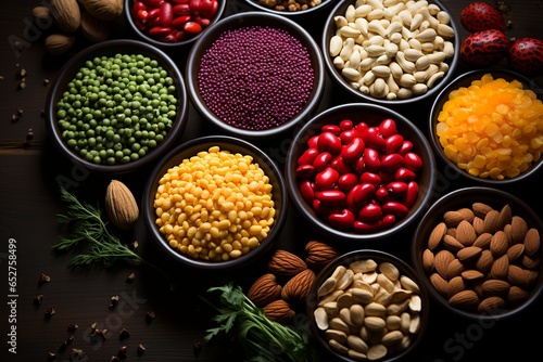 Captivating top-down image showcasing a rich variety of legumes, nuts, and seeds on a dark, textured wooden table, emphasizing the diversity and beauty of vegan protein options. photo