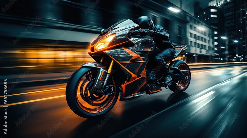 EBR racing motorcycle bicker with abstract long exposure dynamic speed light trails in an urban environment city, Generative AI