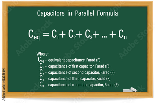 Capacitors in Parallel Formula on a green chalkboard. Education. Science. Formula. Vector illustration.
