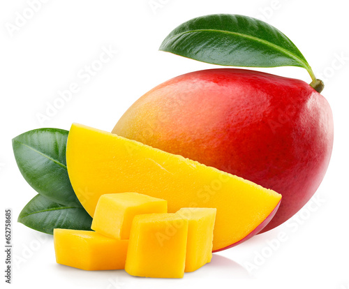 Mango whole and cubes in slice with leaf isolated on white background. Mango Clipping Path. Full depth of field..