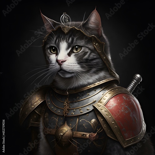 lovely cat in knight armor commision portrait black backround  photo