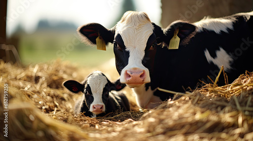 Cow and newborn calf lying in straw at cattle farm. Domestic animals husbandry and reproduction. photo
