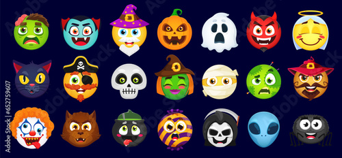 Cartoon Halloween emoji set. Vector zombie, vampire, wizard, pumpkin and ghost. Devil, angel, black cat and pirate. Skull, witch, mummy and voodoo doll with sinister clown, werewolf, alien or cauldron
