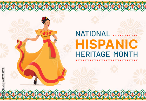 Dancing woman on national hispanic heritage month festival banner. Vector background with ethnic pattern and young female character dancer wear traditional dress perfotm expressive flamenco dance