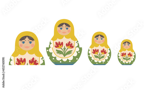 Folklore painted wooden doll. Set of nesting dolls of different sizes. Russian open toys.