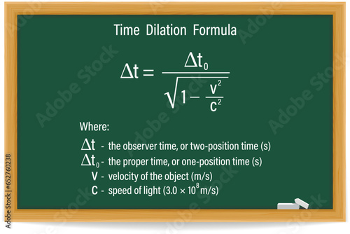 Time Dilation Formula on a green chalkboard. Education. Science. Formula. Vector illustration.