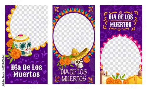 Mexican Dia de Los Muertos holiday social media template banners. Day of the Dead holiday frame. Mexican culture poster, holiday banners or vector frames with sugar ornate skulls, candles on altar