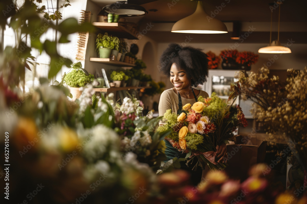 Smiling African American woman florist arranging a beautiful bouquet of flowers in a flower shop Smiling African American woman florist arranging a beautiful bouquet of flowers in a flower shop