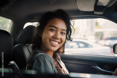 Smiling Young Southeast Asian Woman Driving Car. Generative AI © Dangubic
