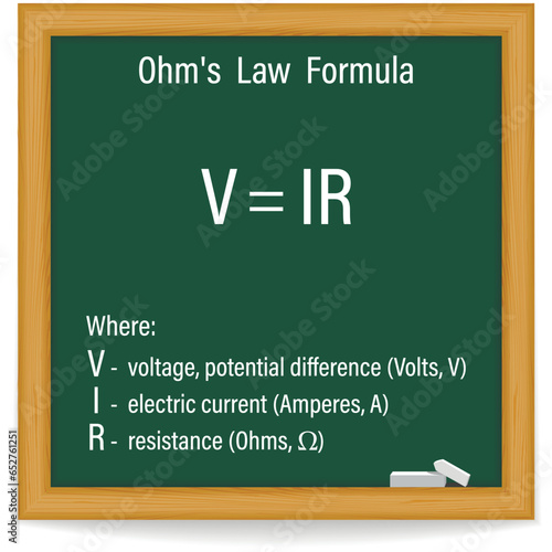 Ohm's Law Formula on a green chalkboard. Education. Science. Formula. Vector illustration.