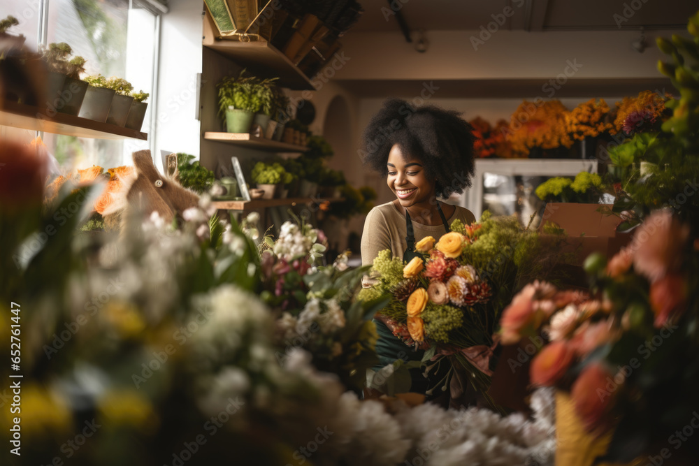 Smiling African American woman florist arranging a beautiful bouquet of flowers in a flower shop