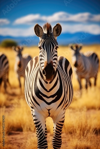 A herd of zebras gracefully grazing on the African savannah.