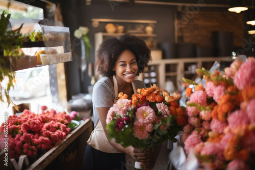 Smiling African American woman florist arranging a beautiful bouquet of flowers in a flower shop