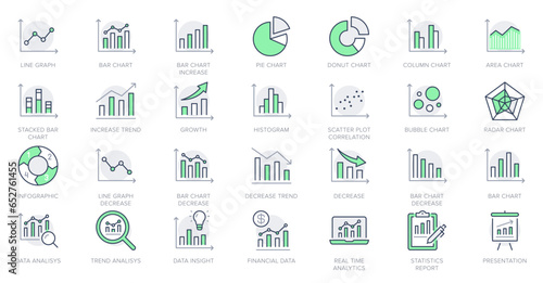 Graph line icons. Vector illustration include icon - data analysis, diagram, stat, histogram, economy outline pictogram for infographic statistic presentation. Green Color, Editable Stroke