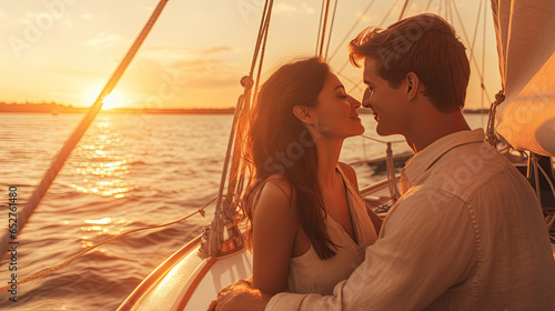 Beautiful couple waiting to kiss as they sail on a yacht against a sunset. Generative Ai