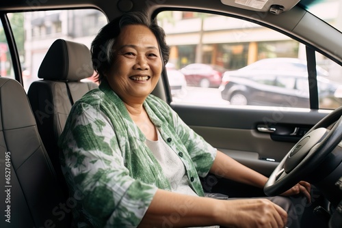 Smiling Senior South East Asian Woman Driving Car. Generative AI © Dangubic