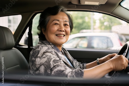 Smiling Senior South East Asian Woman Driving Car. Generative AI