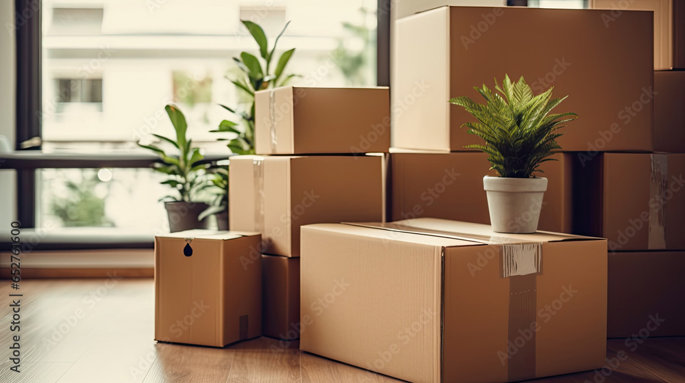 Cardboard boxes and cleaning things for moving into a new home. Move home concept. Generative Ai Cardboard boxes and cleaning things for moving into a new home. Move home concept. Generative Ai