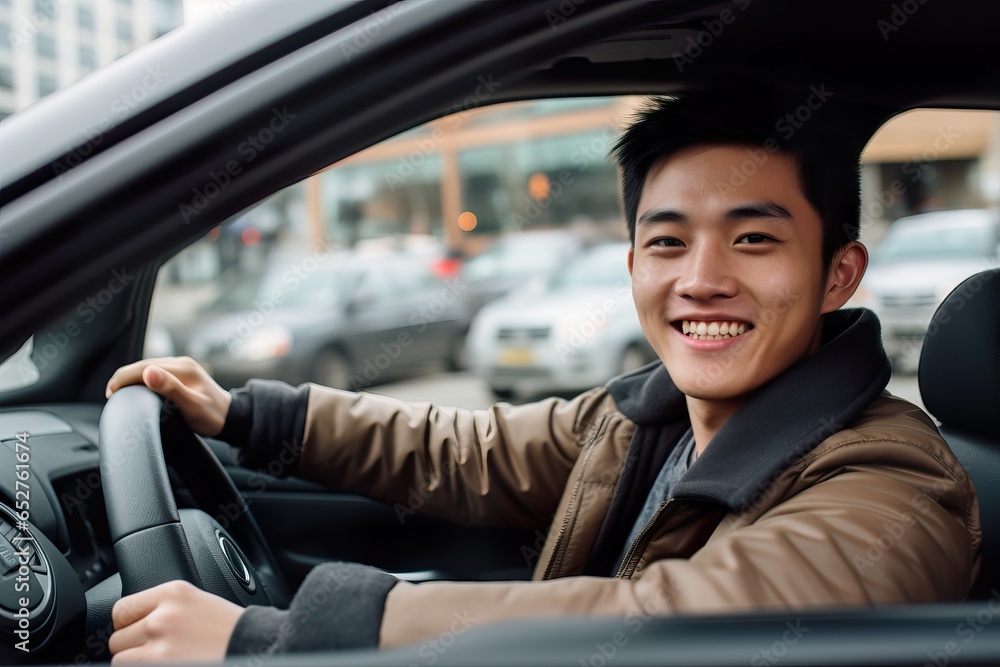 Smiling Young Asian Man Driving a Car. Generative AI Smiling Young Asian Man Driving a Car. Generative AI