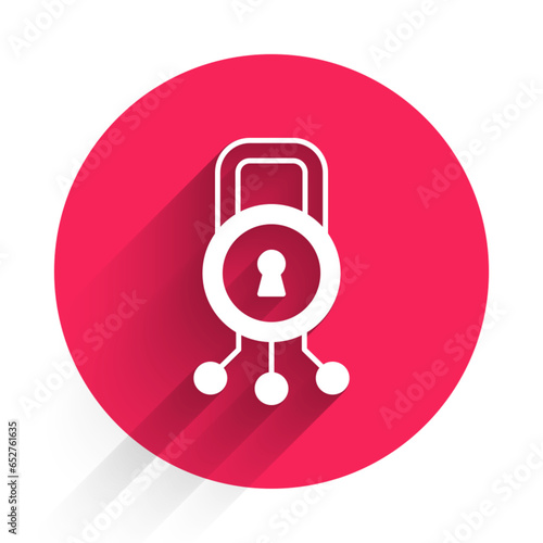 White Cyber security icon isolated with long shadow background. Closed padlock on digital circuit board. Safety concept. Digital data protection. Red circle button. Vector