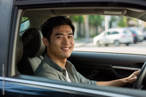 Smiling Young Asian Man Driving a Car. Generative AI