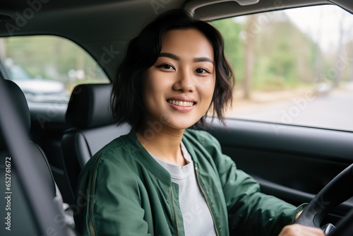 Smiling Young Asian Woman Driving Car. Generative AI