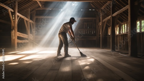 A man is vacuuming dust in his old wooden barn.