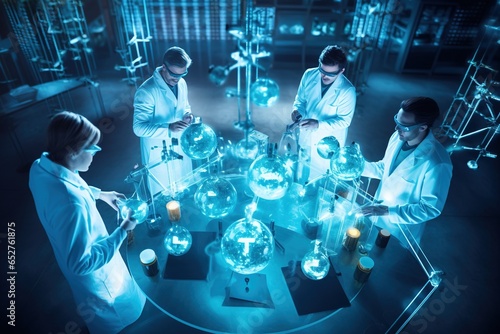 biochemical research scientist team working with a microscope for coronavirus vaccine development in a pharmaceutical research laboratory, selective focus