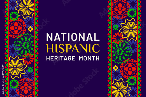National hispanic heritage month poster with ethnic ornament. Vector festive background with vibrant traditional decorative pattern, for annual event, celebrating the rich diversity of latin community