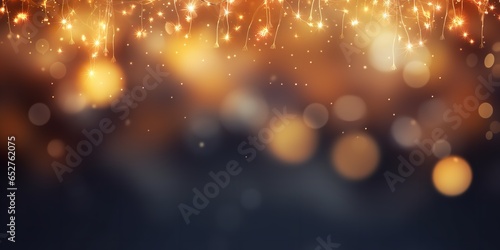 Bokeh lights on a Christmas garland against a dark blue background. Generative Ai.