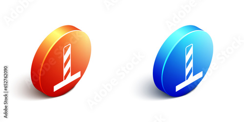 Isometric Cat scratching post with toy icon isolated on white background. Orange and blue circle button. Vector