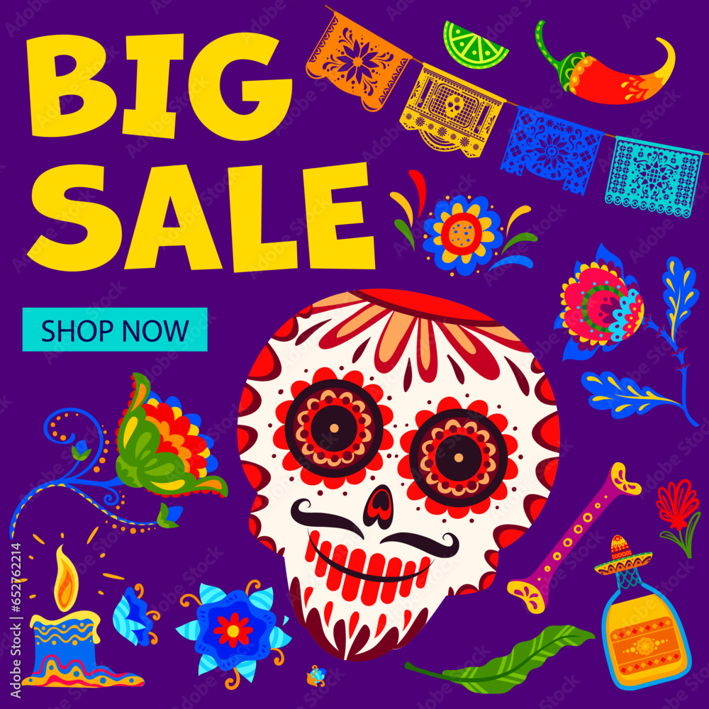 Day of the Dead Dia De Los Muertos big sale banner. Mexican Halloween holiday special offer vector card with cartoon calavera skull, papel picado flags and tropical flowers, tequila, pepper and bones