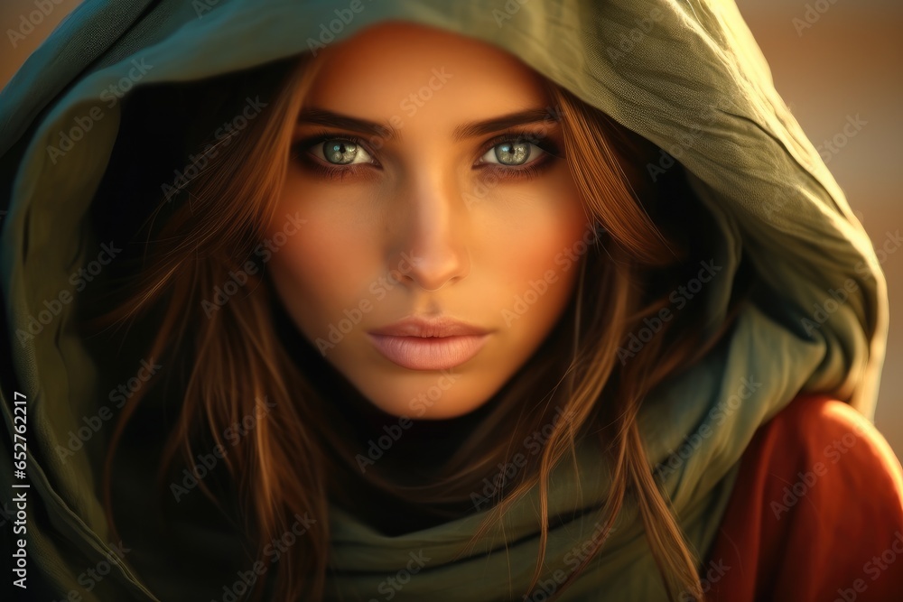 Portrait of Beautiful woman with red scarf and green background, Eye contact, Face. Portrait of Beautiful woman with red scarf and green background, Eye contact, Face.