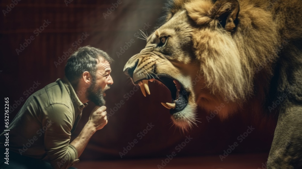 Trainer with a lion in the circus. A roaring, menacing and majestic