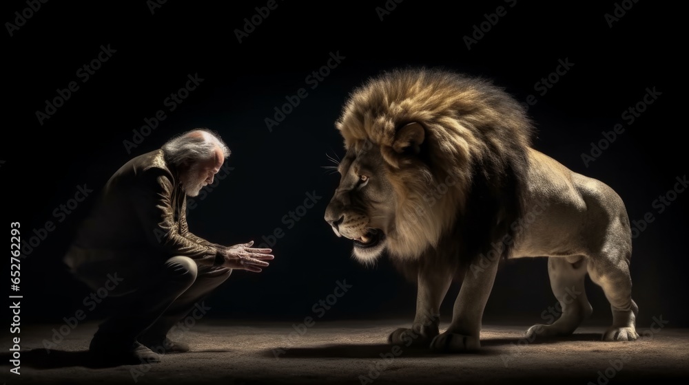 Trainer with a lion in the circus. A roaring, menacing and majestic
