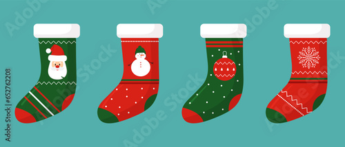 Vector christmas set of socks isolated on blue background. Traditional red and green colors. Ornate holiday stocking for gift. Holiday decoration.