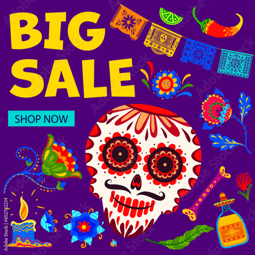 Day of the Dead Dia De Los Muertos big sale banner. Mexican Halloween holiday special offer vector card with cartoon calavera skull, papel picado flags and tropical flowers, tequila, pepper and bones