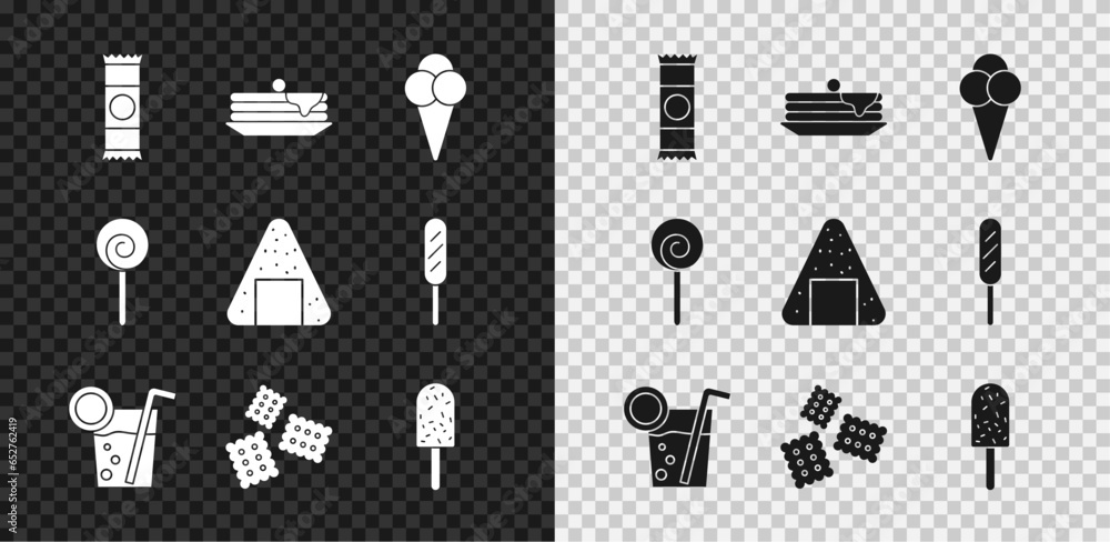 Set Chocolate bar, Stack of pancakes, Ice cream in waffle cone, Cocktail, Cracker biscuit, Lollipop and Onigiri icon. Vector