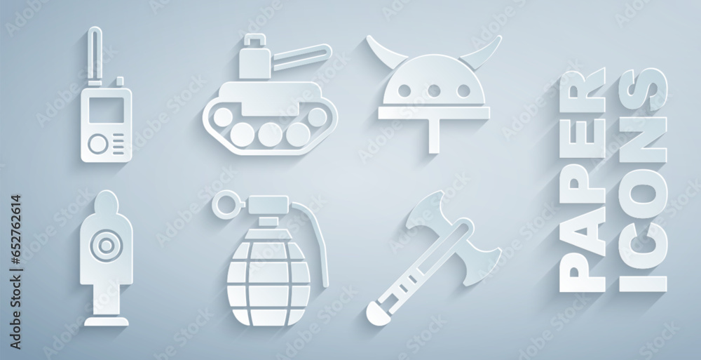 Set Hand grenade, Viking in horned helmet, Human target sport for shooting, War axe, Military tank and Walkie talkie icon. Vector Set Hand grenade, Viking in horned helmet, Human target sport for shooting, War axe, Military tank and Walkie talkie icon. Vector