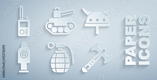 Set Hand grenade, Viking in horned helmet, Human target sport for shooting, War axe, Military tank and Walkie talkie icon. Vector