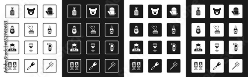 Set Oven glove, Homemade pie, Salt, Sauce bottle, Ketchup, Pig, Fire extinguisher and Cook icon. Vector