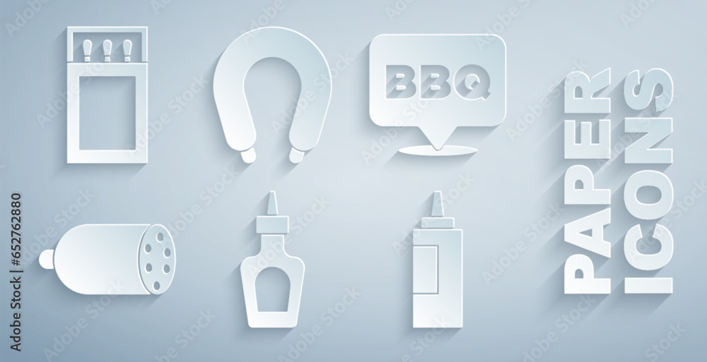 Set Sauce bottle, Barbecue, Salami sausage, Sausage and Matchbox and matches icon. Vector Set Sauce bottle, Barbecue, Salami sausage, Sausage and Matchbox and matches icon. Vector