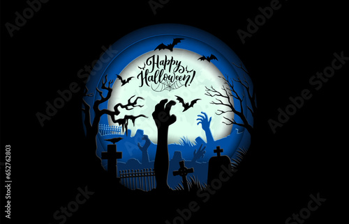 Halloween paper cut banner with zombie hands on cemetery with gravestones, holiday vector background. Happy Halloween greeting with flying bats and moon over graves with undead zombie hands