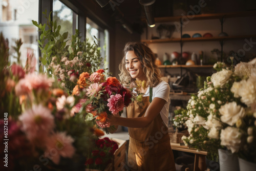 Smiling woman florist arranging a beautiful bouquet of flowers in a flower shop photo