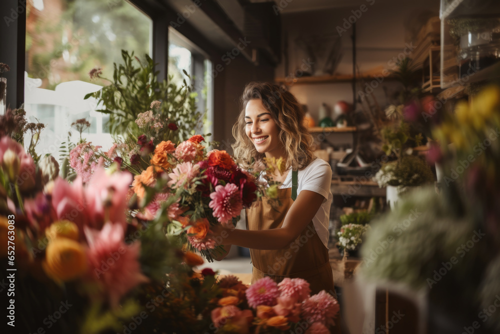 Smiling woman florist arranging a beautiful bouquet of flowers in a flower shop